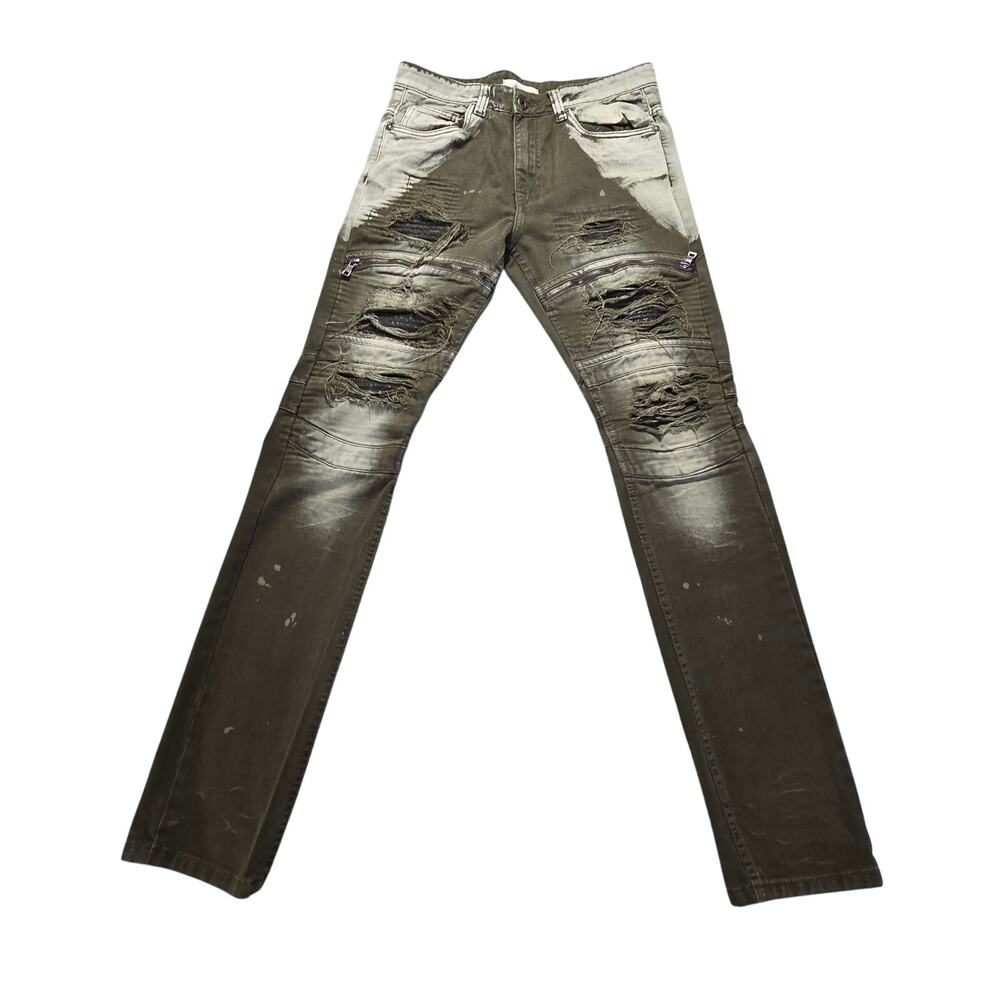 Slim Straight Distressed Men’s Jeans - Olive Green